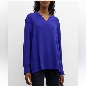 Eileen Fisher Silk Georgette Crepe V-Neck Long-Sleeve Blouse
